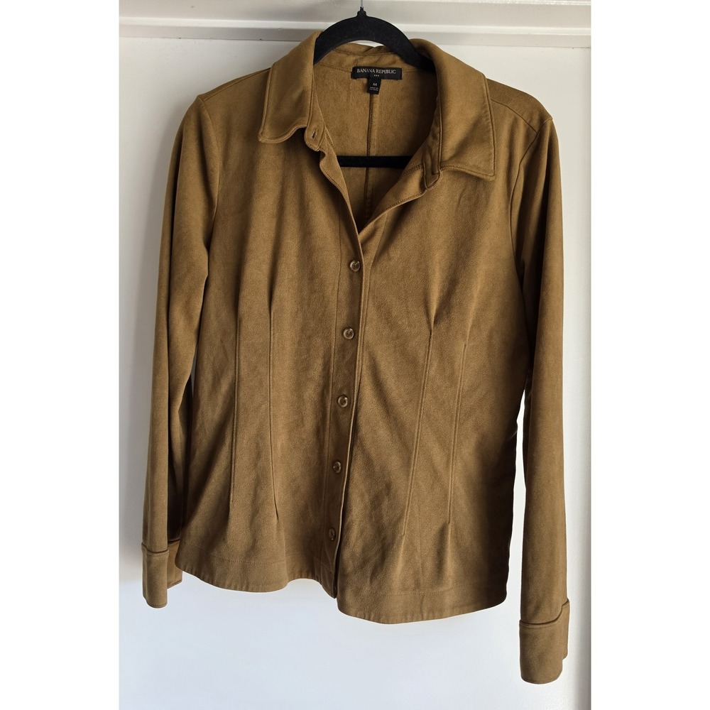Banana Republic Women Button-Up Shirt M Tan Long Sleeve Faux Suede Top